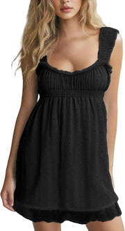 Women Sleeveless Mini Sundress Floral Embroidery Elastic Waist Aline Dress Square Neck Babydoll Short Dress