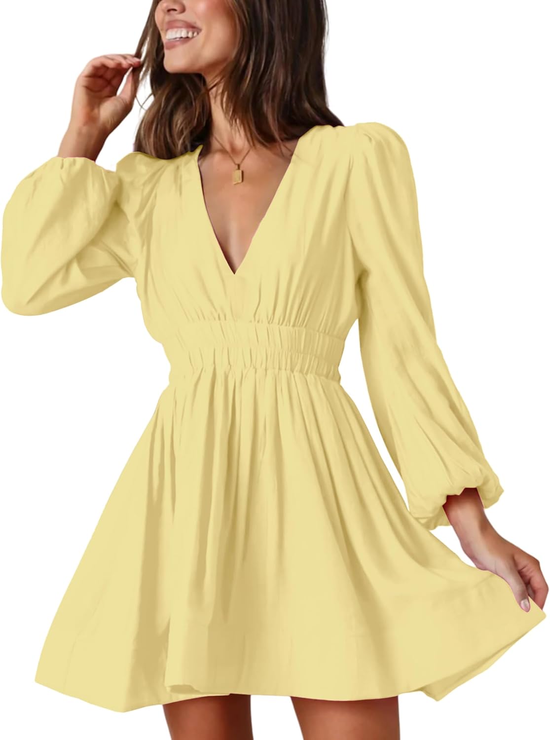 FAIABLE Mini Deep V Sexy Long Sleeve Dress for Women A-line High Waisted Casual Flowy Dress for Cocktail Wedding Guest