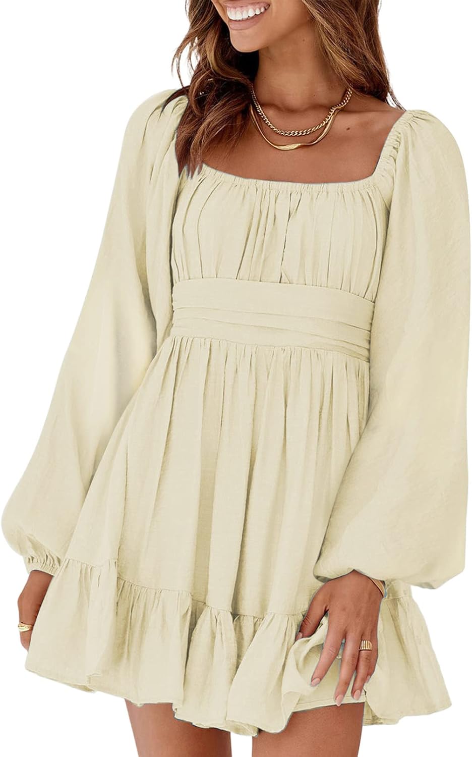 Dokotoo Womens Dress Long Lantern Sleeve Square Neck Tie Backless Sexy Dress Ruffle Elastic Waist A-Line Mini Dress