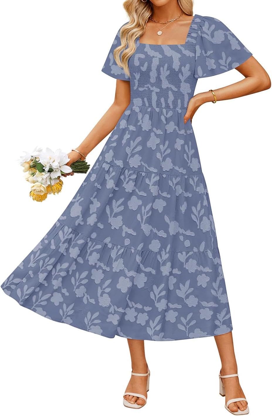 ZESICA Women‘s Summer Boho Floral Midi Dress 2025 Casual Short Sleeve Square Neck Flowy Beach Vacation Long Dress