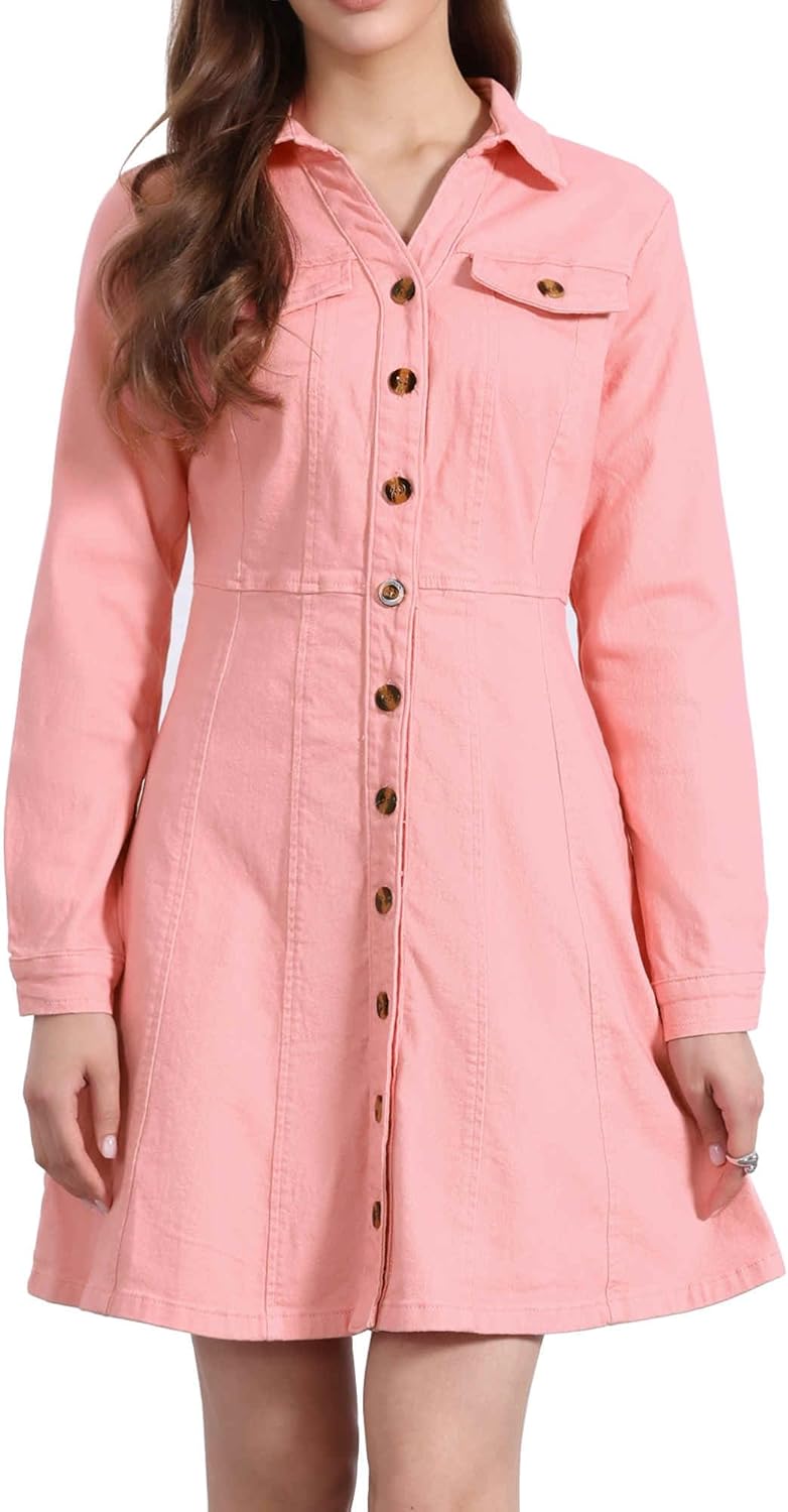 Allegra K Women's Denim Dress Button Down Collar V Neck Long Sleeve A-line Cotton Jean Dress