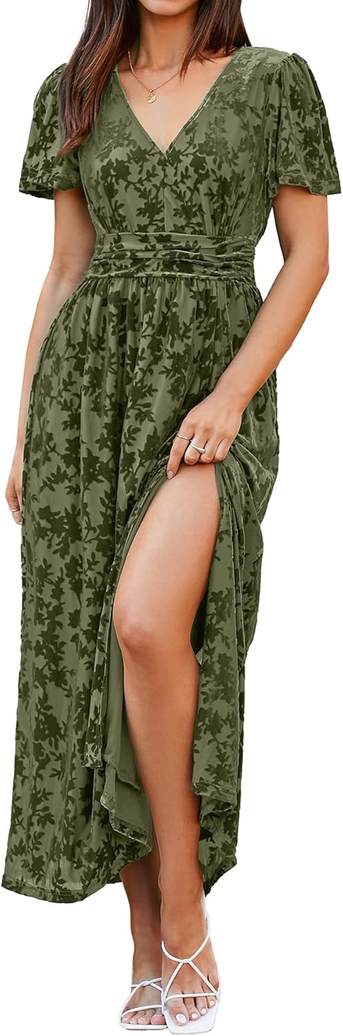 Simplee Women's Velvet Maxi Dress V Neck Short Sleeve Empire Waist Semi Formal Long Cocktail Dresses