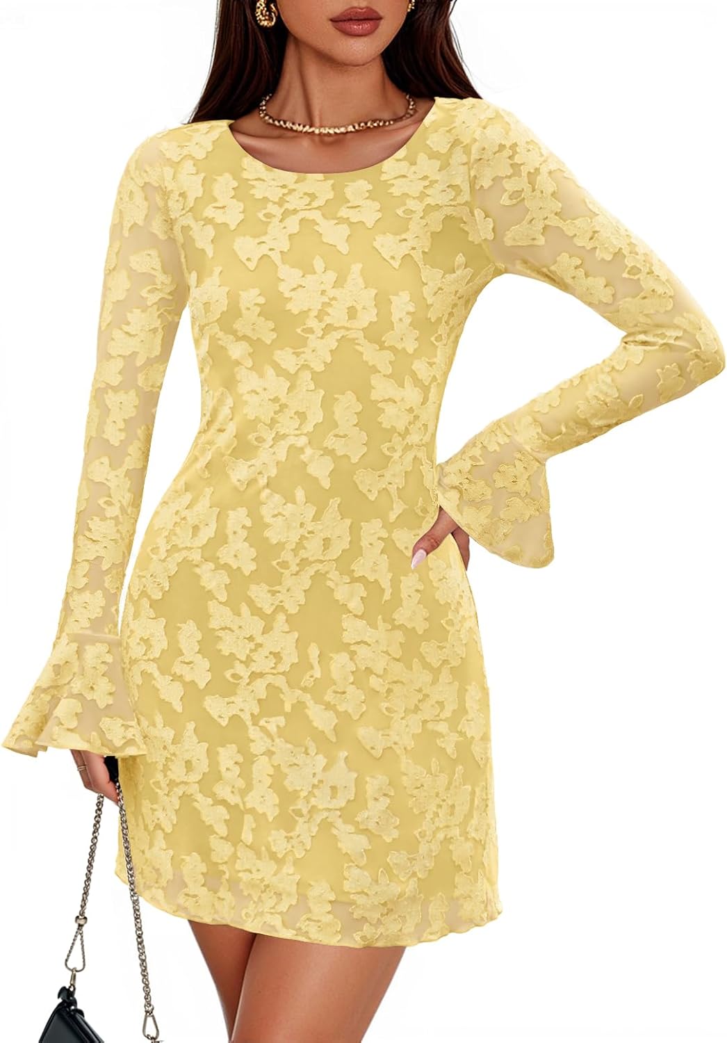 ZESICA Long Sleeve Mini Dresses for Women 2025 Floral Mesh Crewneck Bodycon Wedding Guests Cocktail Party Short Dress