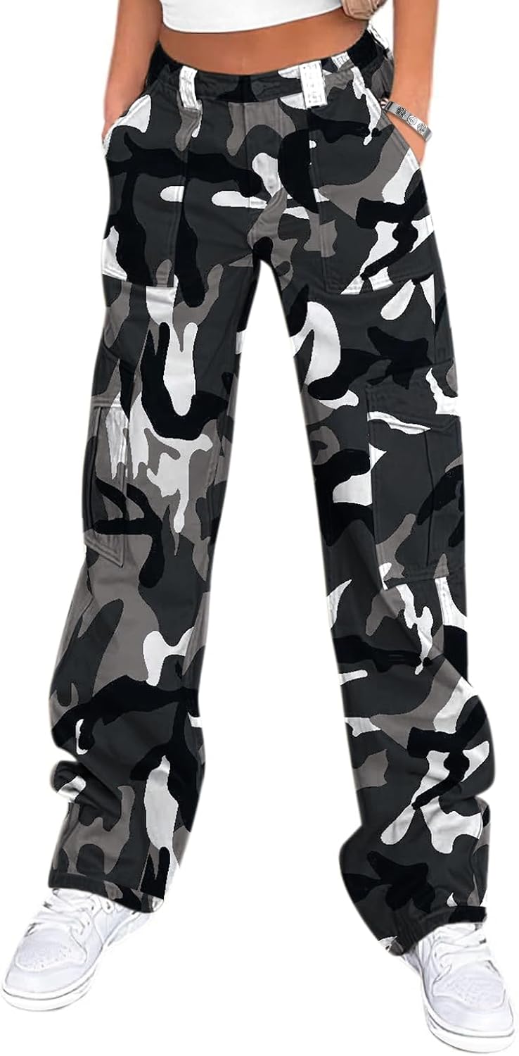 Lepunuo Cargo Pants for Women High Waisted Casual Pants Baggy Stretchy Wide Leg Y2K Streetwear with 6 Pockets