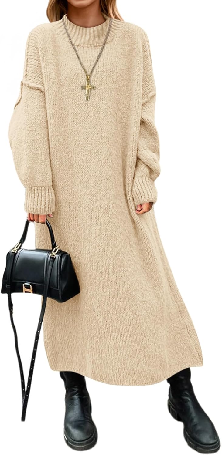 Saodimallsu Womens Oversized Sweater Dress Mock Neck Long Sleeve Casual Warm Chunky Knit Fall Winter Maxi Dresses