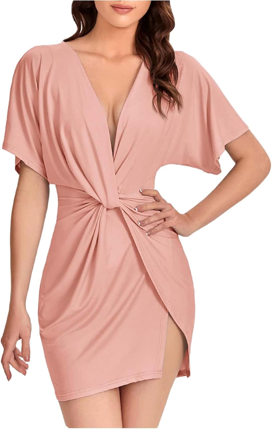 Floerns Women's Deep V Neck Twisted Plunging High Slit Mini Party Dress