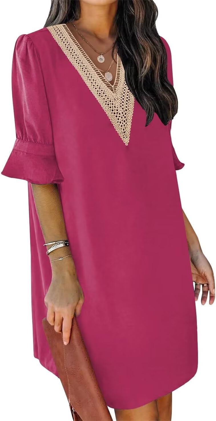 QACOHU Summer Dresses for Women V Neck Ruffle Short Sleeve Casual Shift Dress