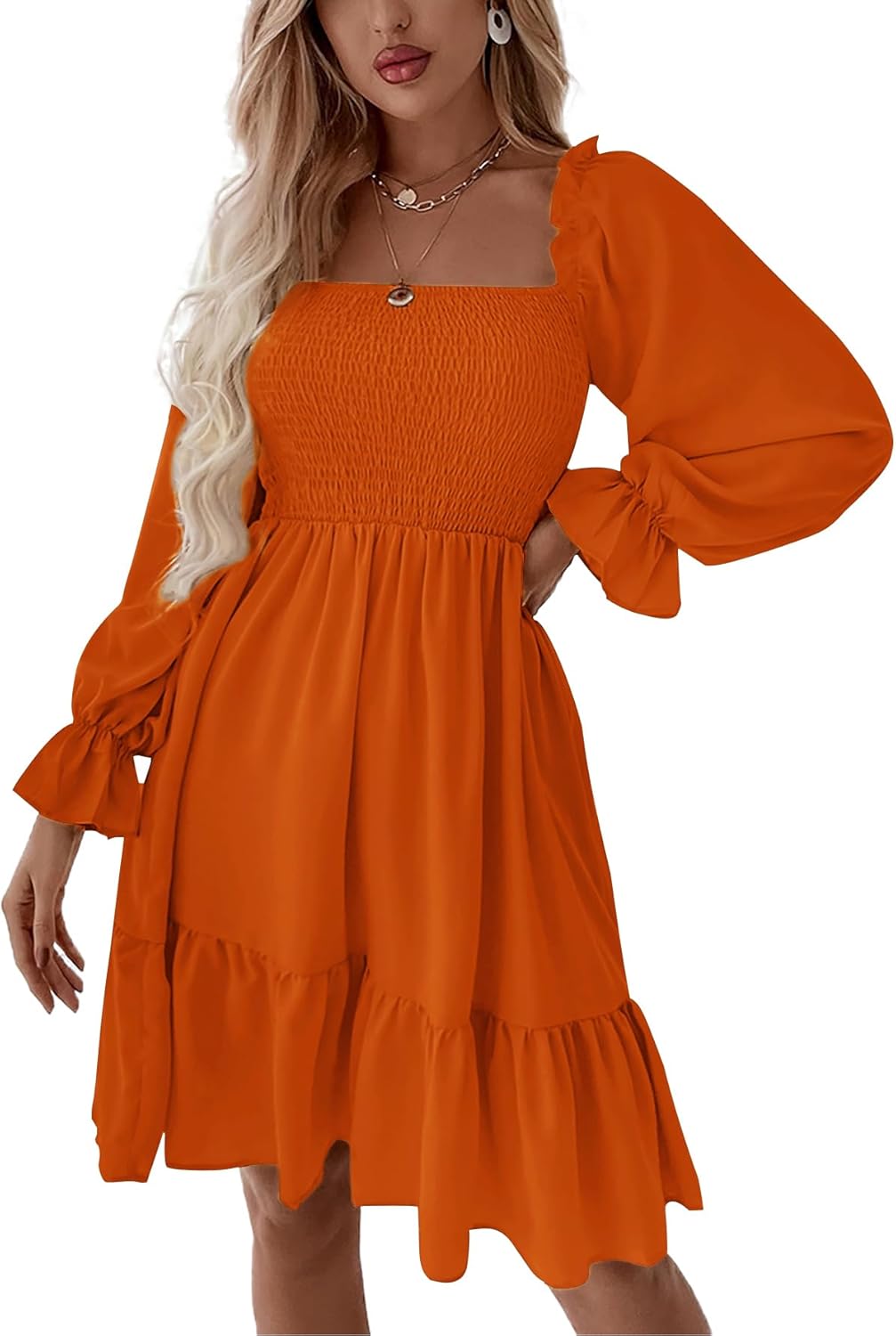 LYANER Women's Square Neck Lantern Long Sleeve Ruffle Shirred Flowy Party Mini Dress