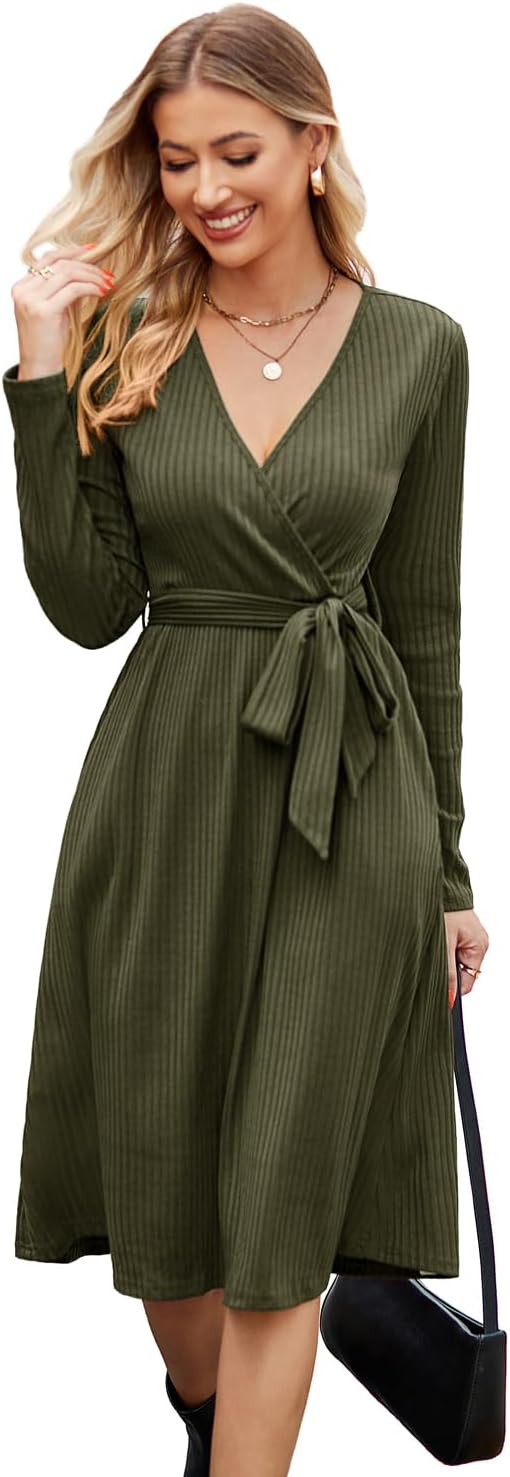 Newshows Womens 2025 Fall Dresses Teacher Church Business Casual Work Outfits Knit Midi Sweater Pockets Belt Dress