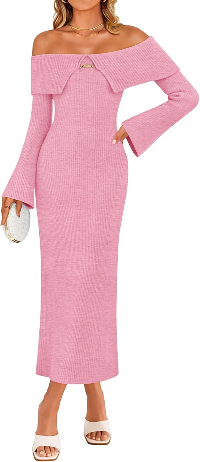 ZESICA Women's Fall Off Shoulder Sweater Dress 2025 Bell Long Sleeve Ribbed Knit Bodycon Formal Maxi Dresses