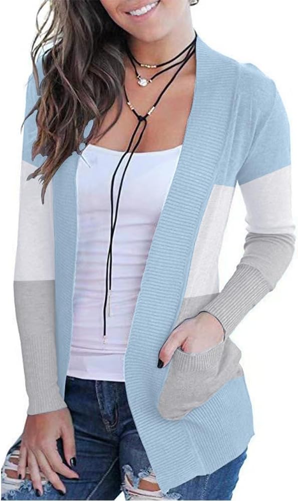 VOIANLIMO Women's Open Front Casual Long Sleeve Knit Classic Sweaters Cardigan with Pockets