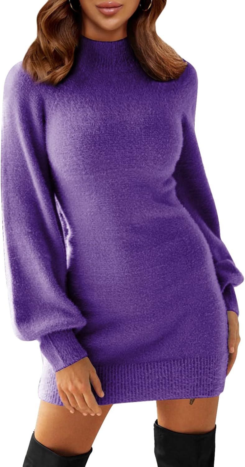 EXLURA Women's 2025 Mock Neck Ribbed Long Sleeve Bodycon Pullover Cute Mini Sweater Dress