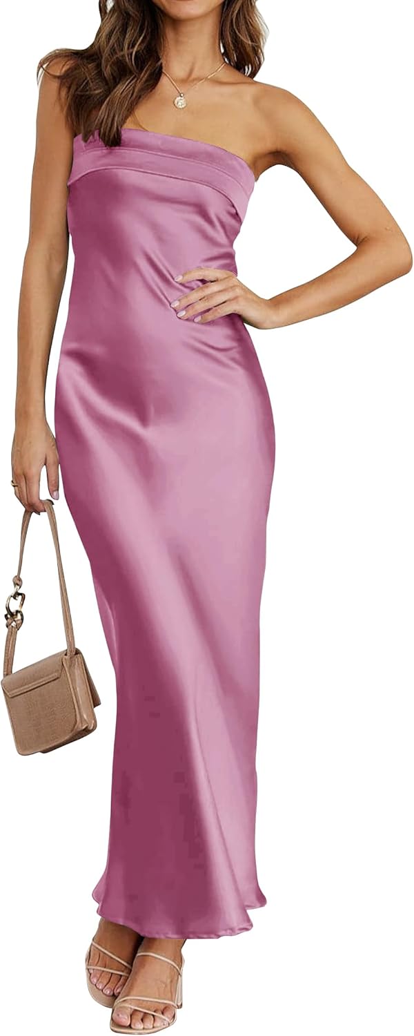 MEROKEETY Cocktail Dresses for Women Summer Strapless Satin Tube Bodycon Backless Wedding Guest Formal Party Maxi Dress