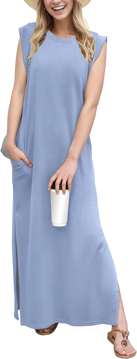 GRECERELLE 2025 Women Year-Round Casual Round Neck Loose Split Wrinkle-Free Long Maxi Vacation Dress with Pockets (XS-3XL)