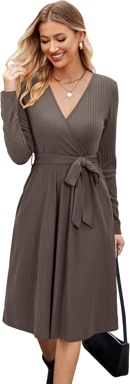 Newshows Womens 2025 Fall Dresses Teacher Church Business Casual Work Outfits Knit Midi Sweater Pockets Belt Dress