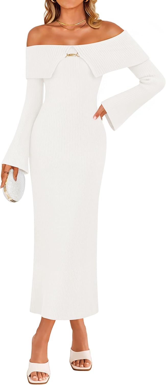ZESICA Women's Fall Off Shoulder Sweater Dress 2025 Bell Long Sleeve Ribbed Knit Bodycon Formal Maxi Dresses