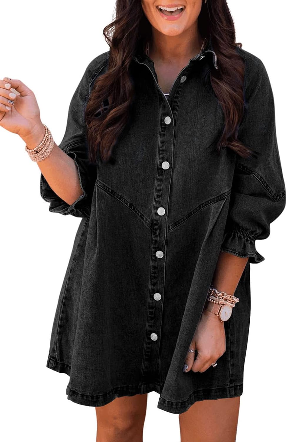 Sidefeel Womens Smocked 3 4 Sleeve Button Down Denim Jeans Dresses