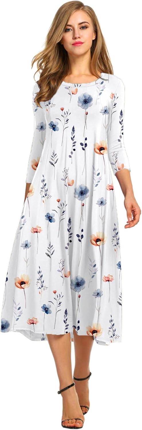 HOTOUCH Women's 3/4 Sleeve A-line and Flare Midi Long Dress