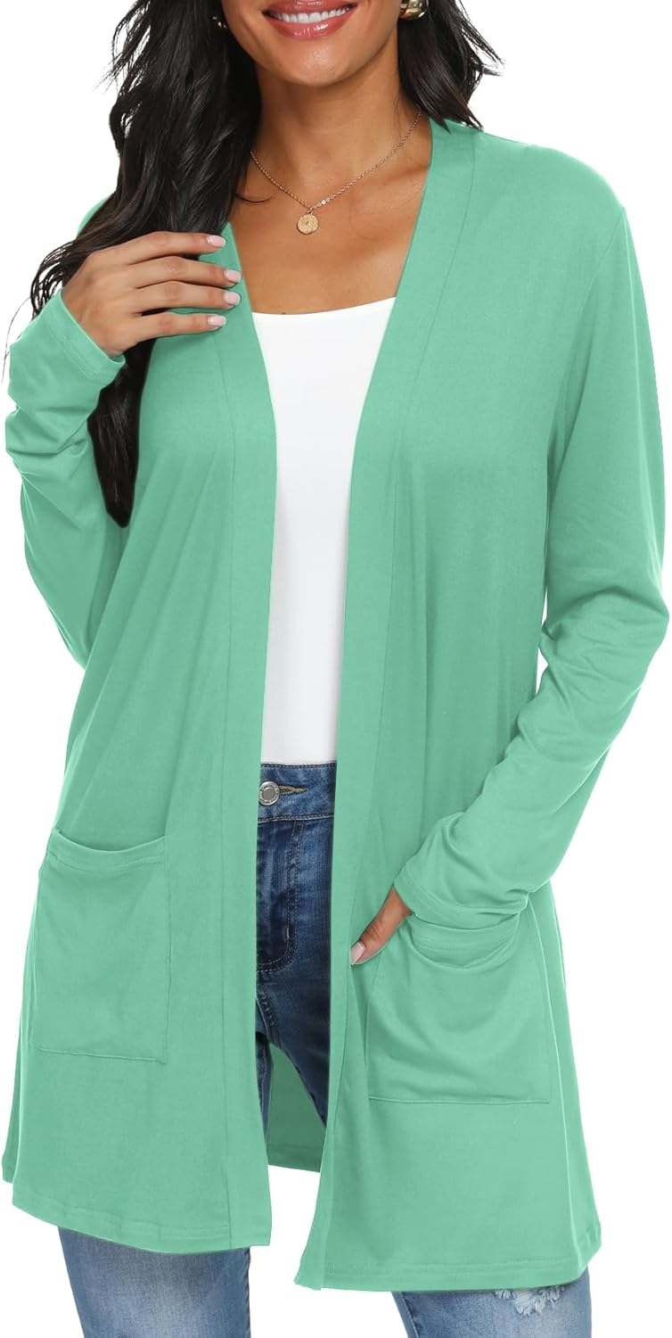 Womens Casual Lightweight with Pocketes Long Sleeve Open Front Cardigan