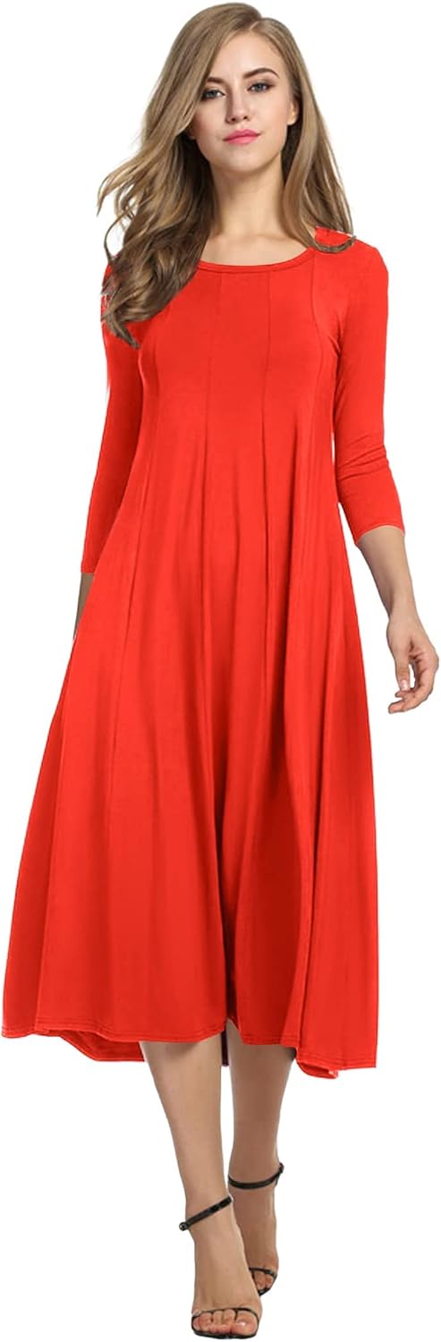 HOTOUCH Women's 3/4 Sleeve A-line and Flare Midi Long Dress