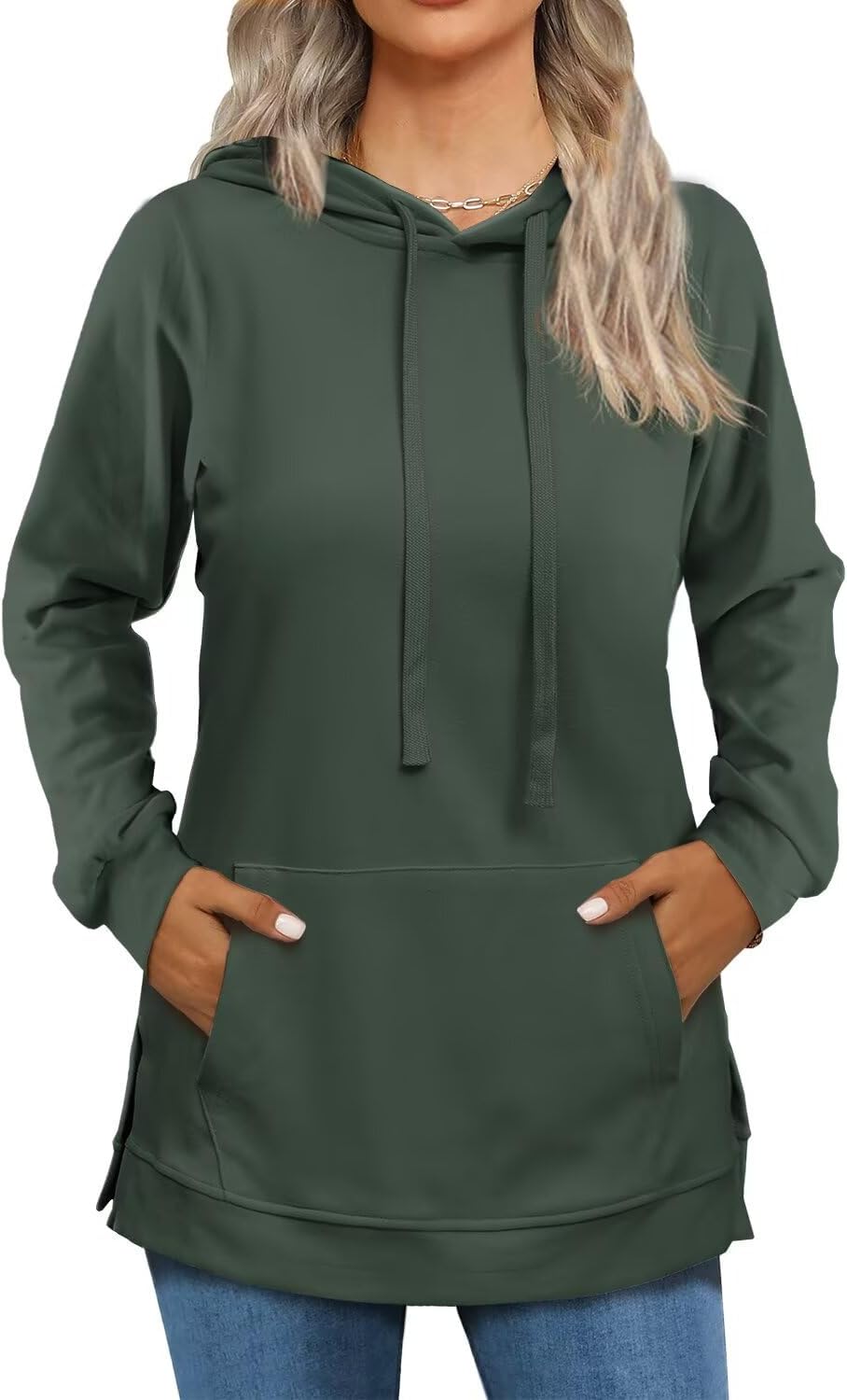 Beimuc Hoodies for Women Fashion Split Hem Drawstring Casual Long Sleeve Sweatshirts Tops with Pockets