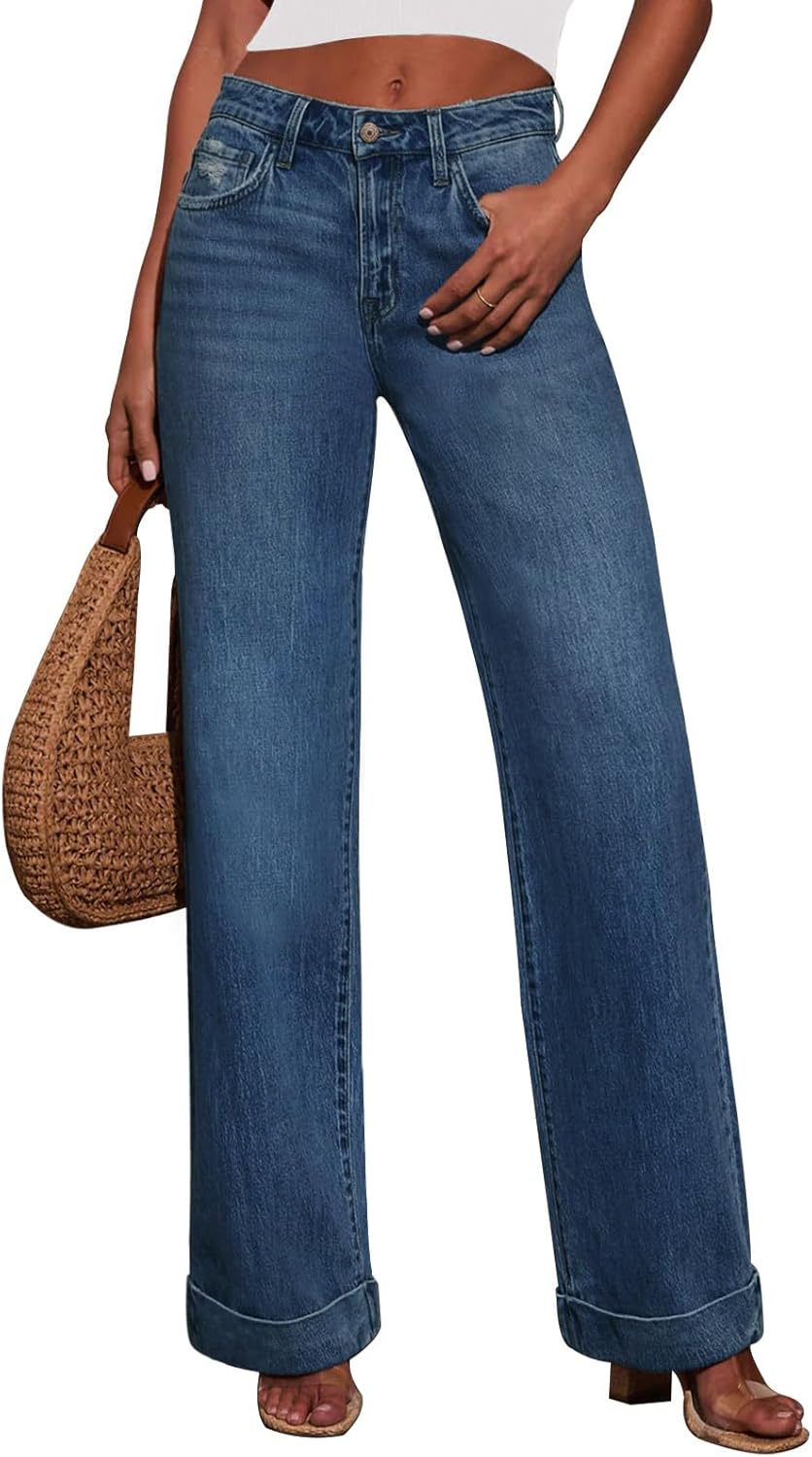 KUNMI Jeans for Women Wide Leg Baggy High Waist Boyfriends Straight Leg Stretchy Denim Pants Trendy Fall 2025