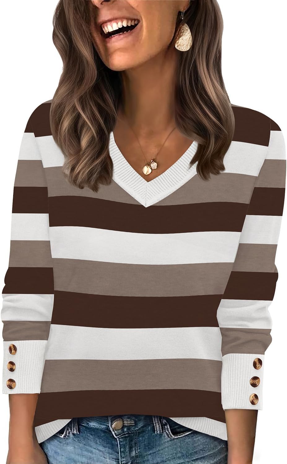 WIHOLL Lightweight Sweaters for Women Long Sleeve V Neck Knit Outfits with Decorative Buttons