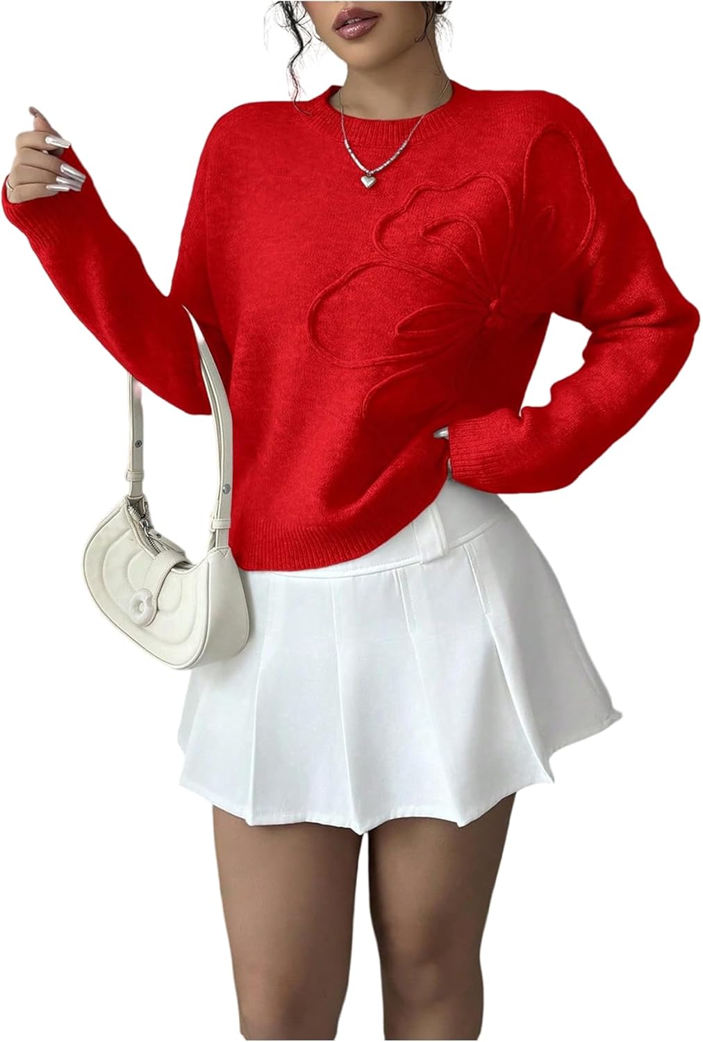 Women's 3D Floral Appliques Crewneck Sweaters Long Sleeve Drop Shoulder Pullovers Elegant Knit Tops