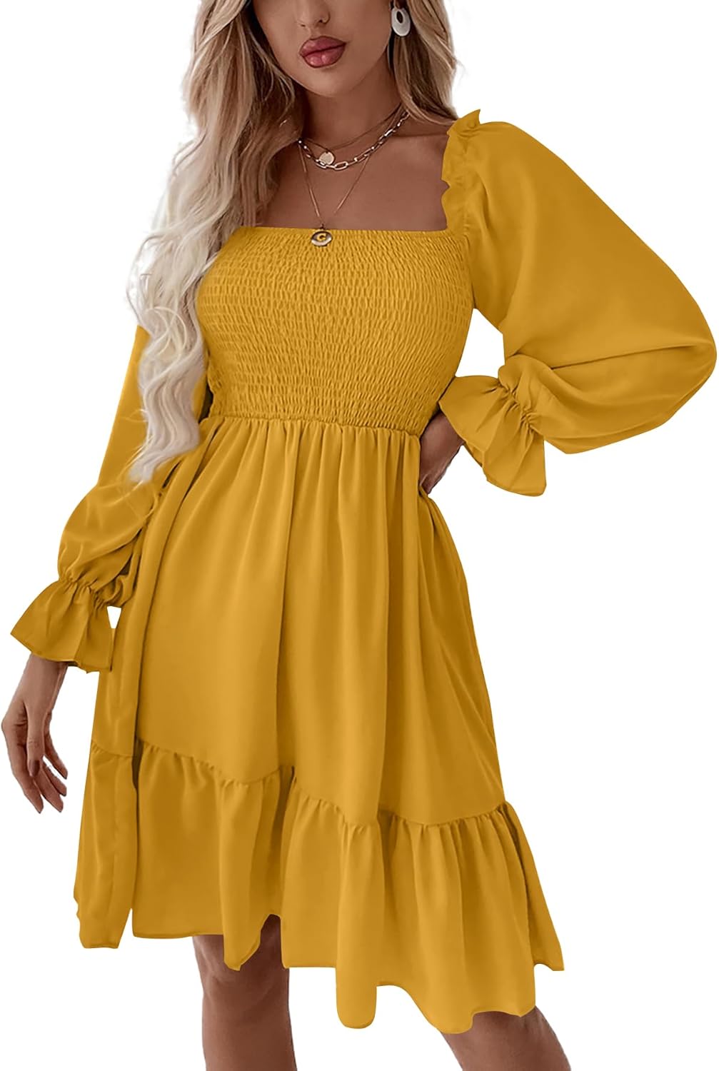 LYANER Women's Square Neck Lantern Long Sleeve Ruffle Shirred Flowy Party Mini Dress