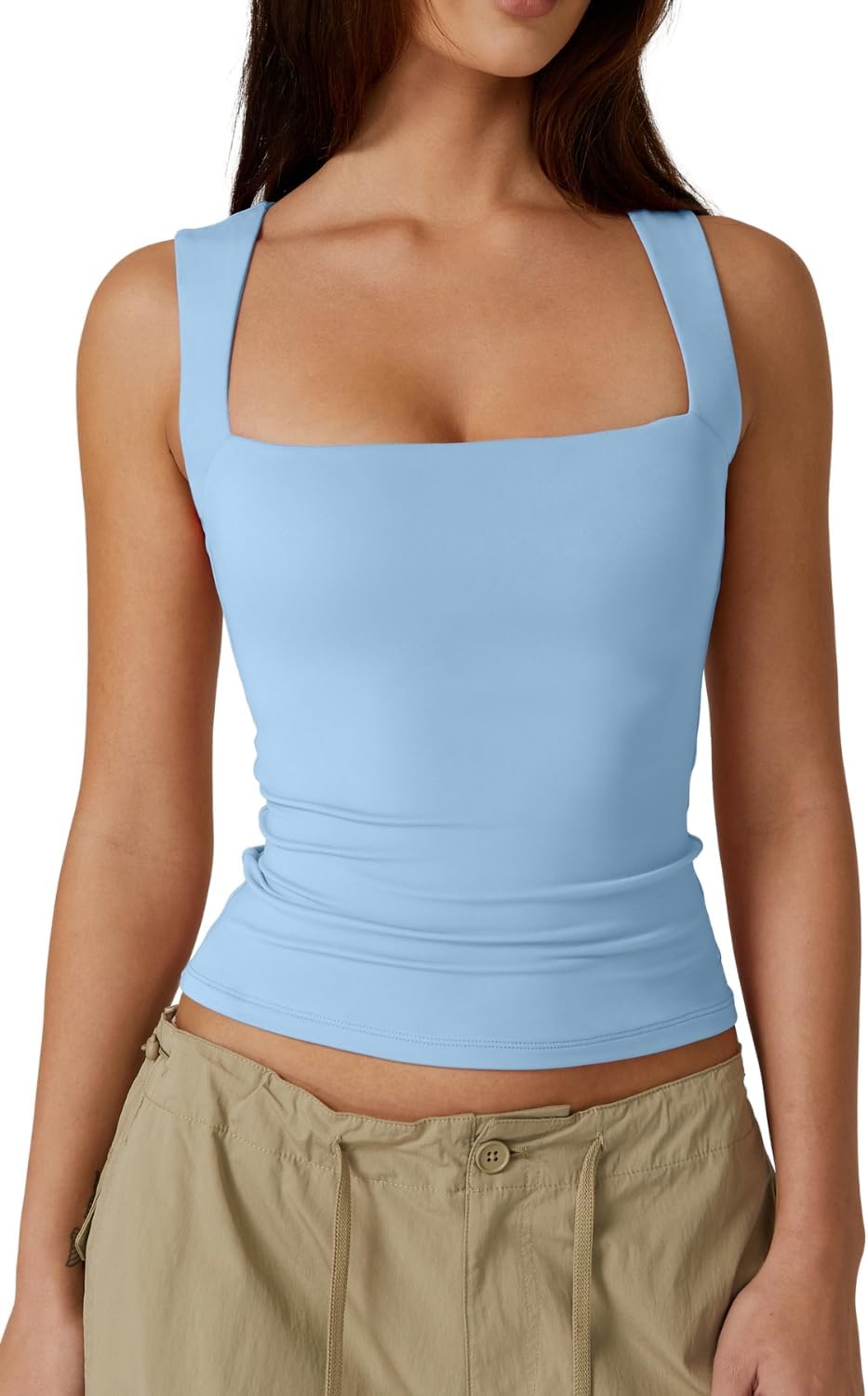 QINSEN Women's Square Neck Sleeveless Double-Layer Tank Tops Basic Tight T Shirts