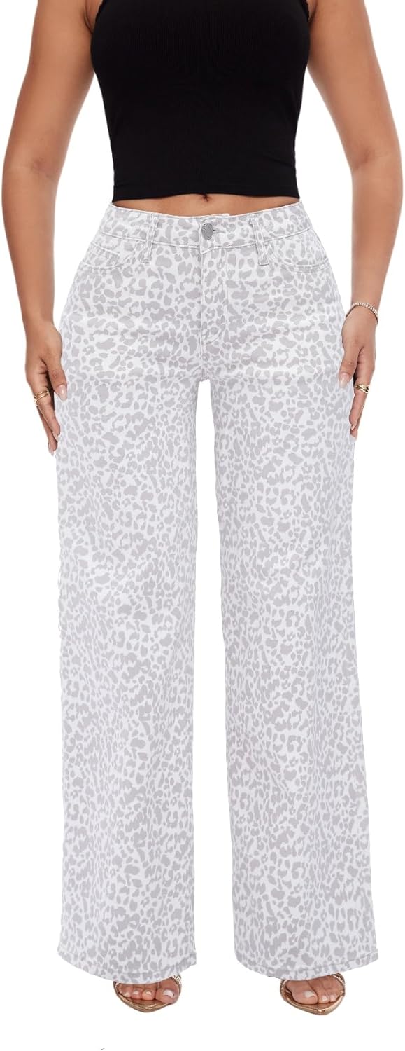 ONESO Mid-Low Rise Baggy Jeans Wide Leg for Women Distressed Pants Stretchy Bottom Lady Basic Comfortable Denim