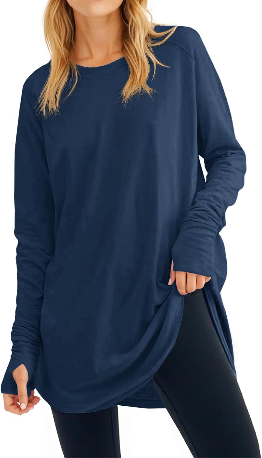 Fisoew Women's Casual Long Sleeve Tops Crew Neck Round Hem Loose T-Shirts Tunic Tops with Thumb Holes