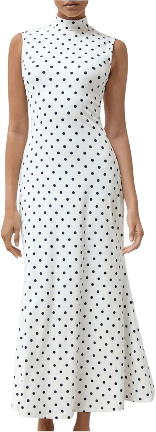 Milumia Women's Polka Dots Maxi Tank Dress Vintage Mock Neck Sleeveless Elegant Long Dresses