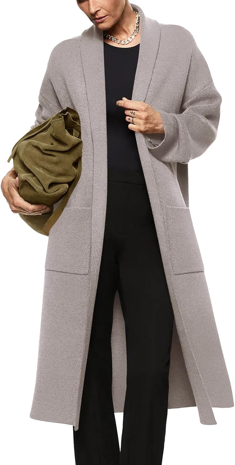 Womens Long Sleeve Maxi Cardigan Open Front Oversized Knitted Sweater Coat Casual Lapel Warm Overcoat with Pockets