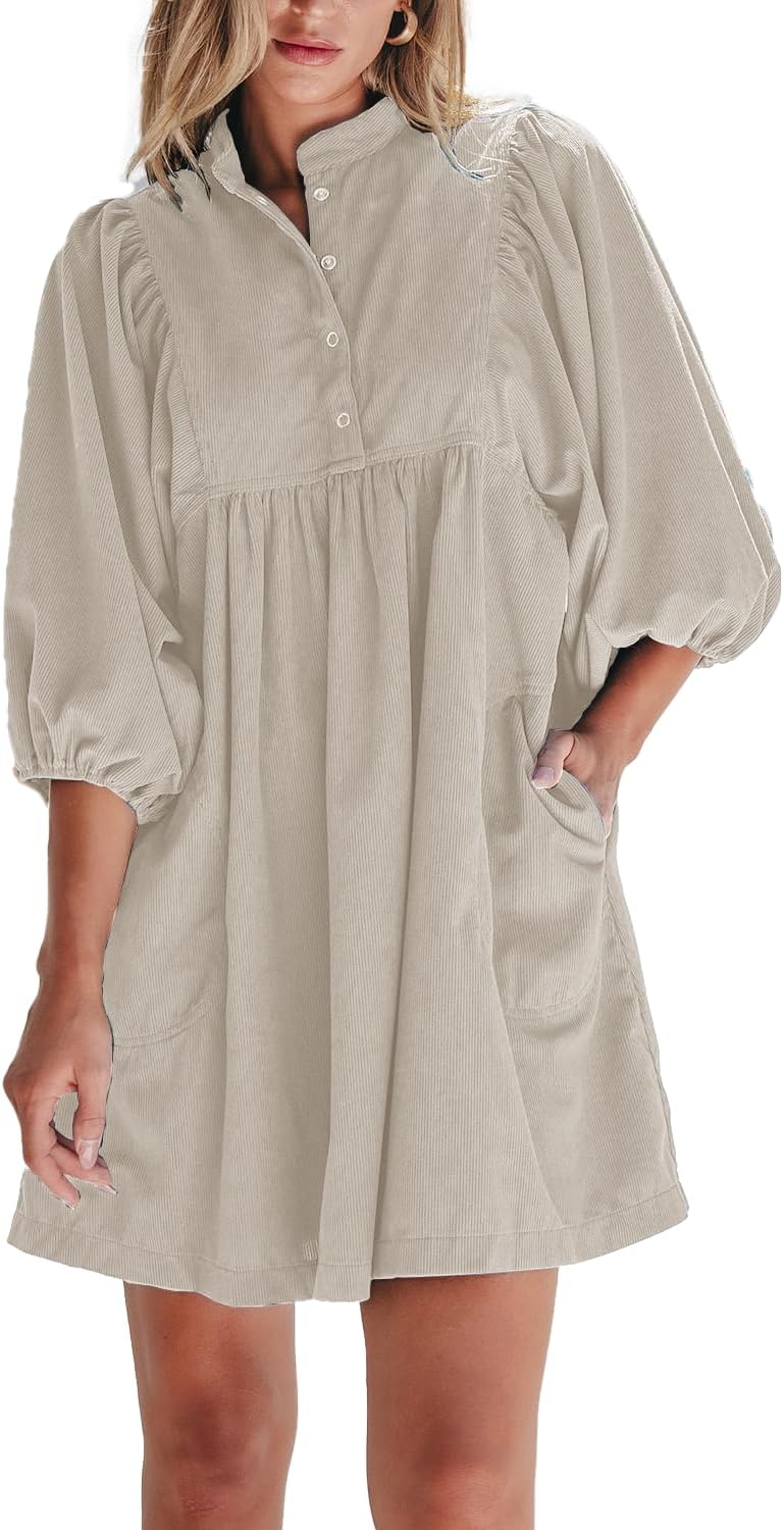 Womens Casual Dresses Corduroy Button Up Empire Waist 3/4 Sleeve Fall Winter Mini Babydoll Dress