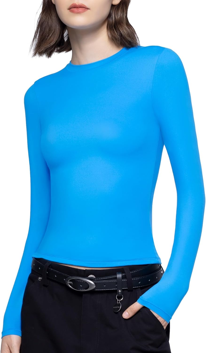 PUMIEY Women's Long Sleeve T Shirts Crew Neck Slim Fit Tops Sexy Basic Tee Smoke Cloud Pro Collection