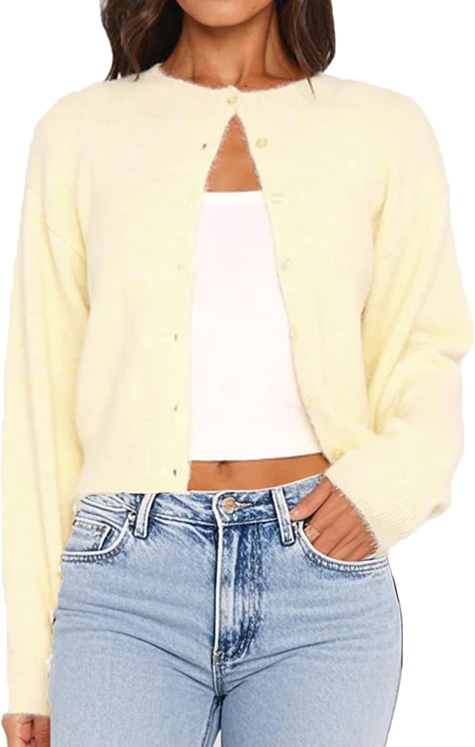 Women Y2K Button Front Crop Sweater Cardigan Solid Color Crew Neck Long Sleeve Knit Fall Tops Streetwear