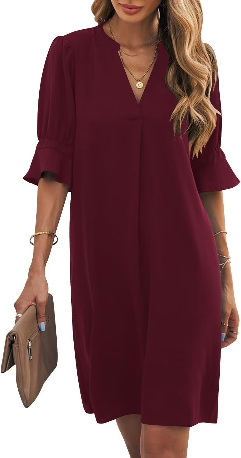 Wkior Shift Dress for Women V Neck Short Sleeves Solid Color Casual Flowy Summer Dresses(S-2XL)