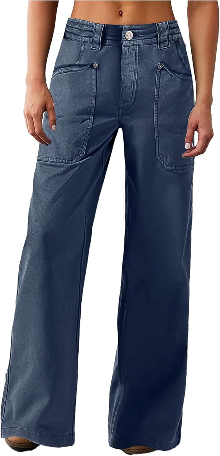 Flamingals Wide Straight Leg Mid Rise Baggy Pocket Denim Jeans Without Belt