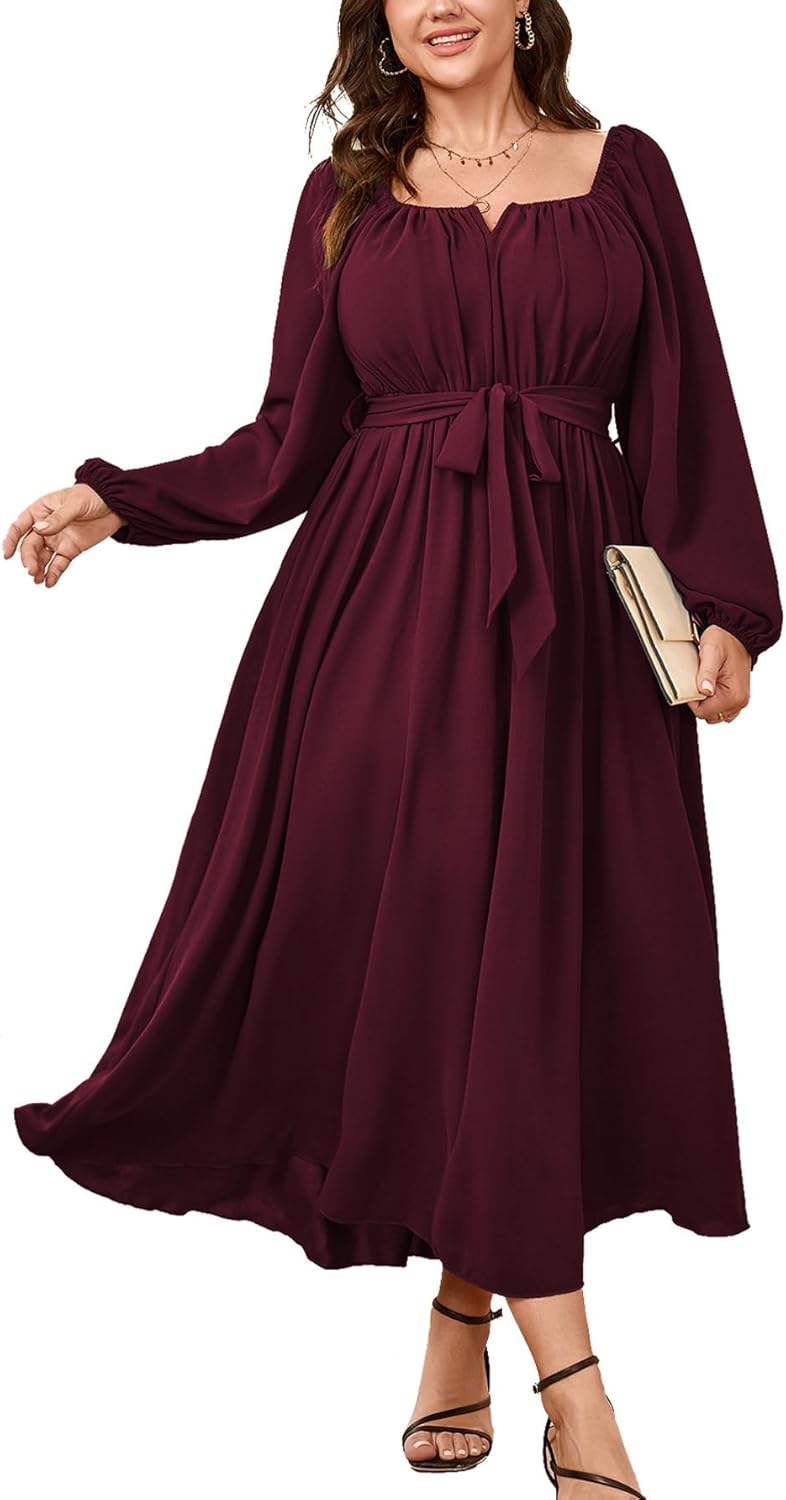 SCOMCHIC Women Plus Size Maxi Dress Long Sleeve Square Neck Wedding Guest Cocktail Belted Elegant Flowy A Line Long Dresses
