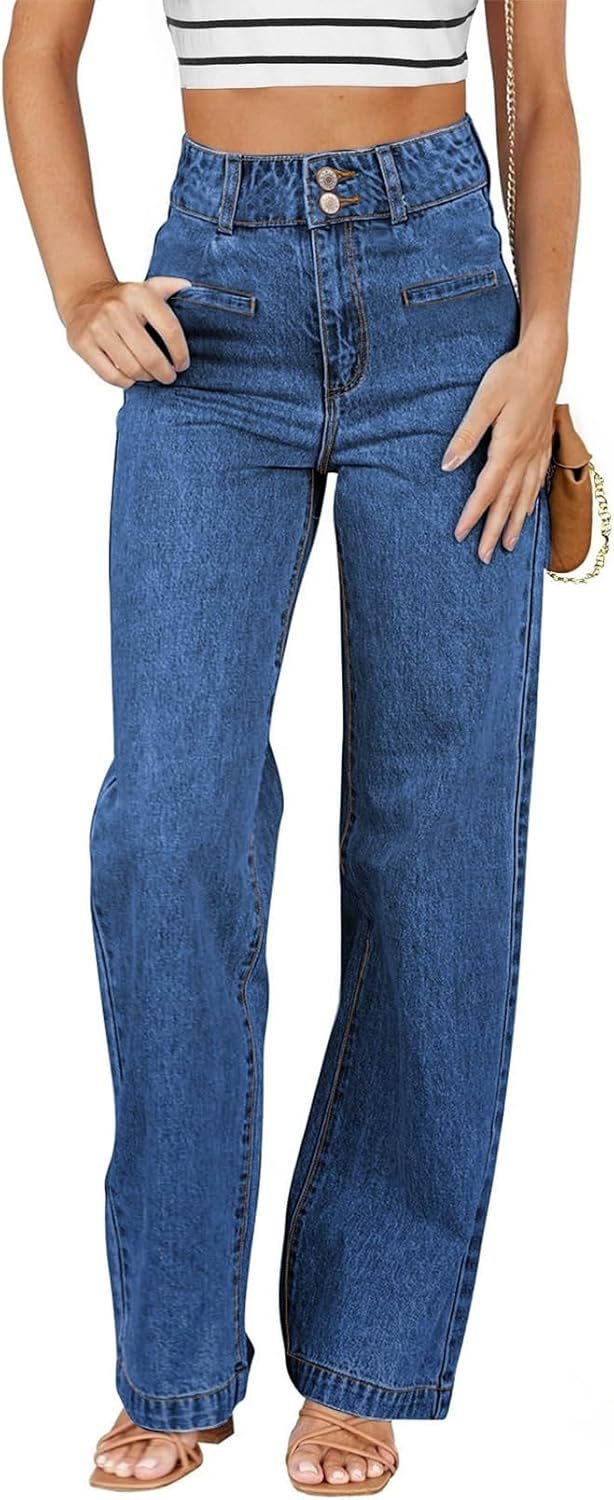 Sidefeel Women's Jeans High Waisted Straight Leg Stretchy Jeans Trendy Welt Pockets Loose Wide Leg Zimbaplatinum Denim Pants