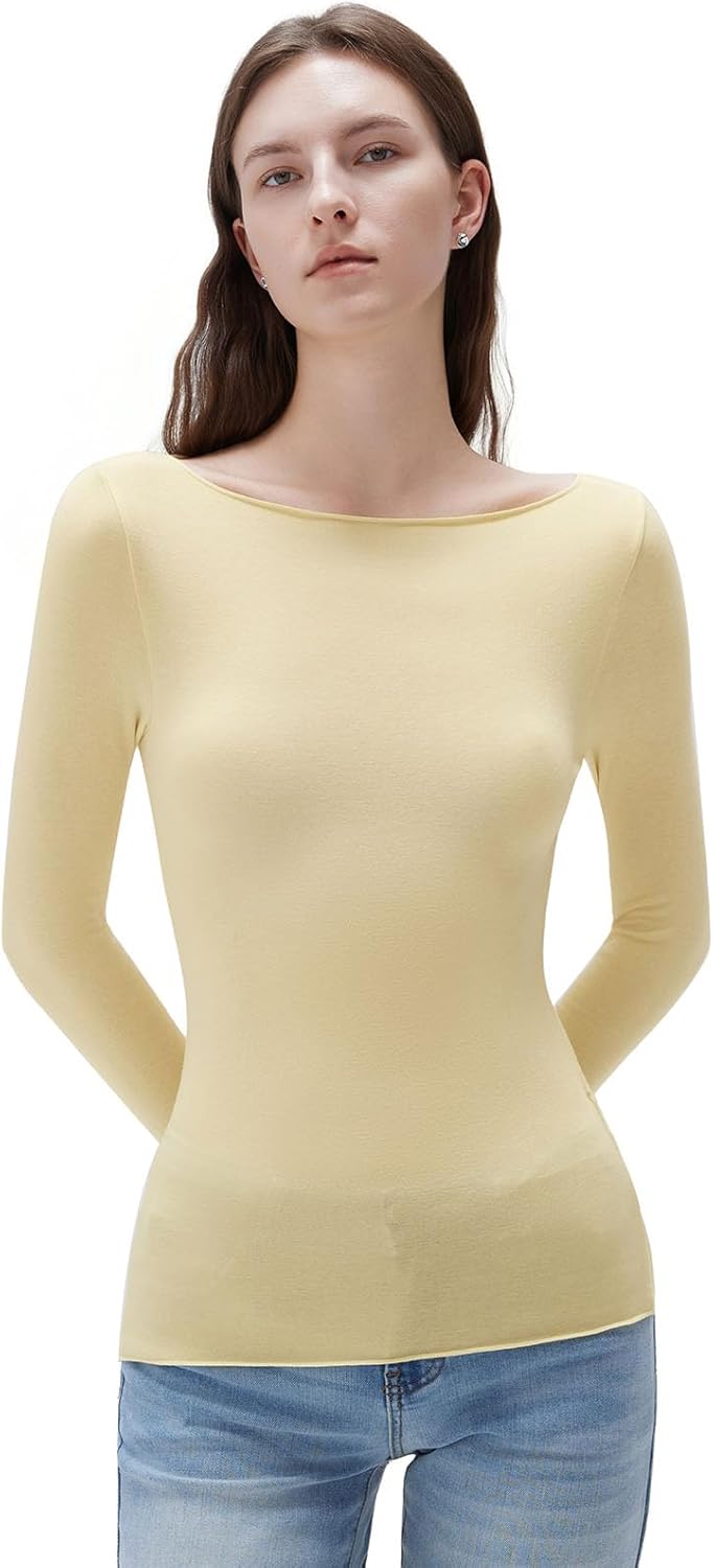 SUUKSESS Cloud Cashmere Women Boat Neck Fitted Long Sleeve Shirt Basic Knit Tops