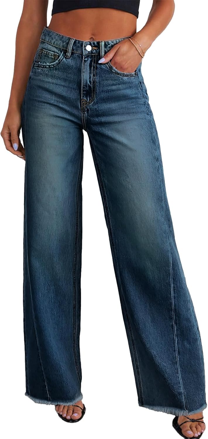 Sidefeel Women's Wide Leg Jeans High Waisted Strechy Raw Hem Zimbaplatinum Denim Pants