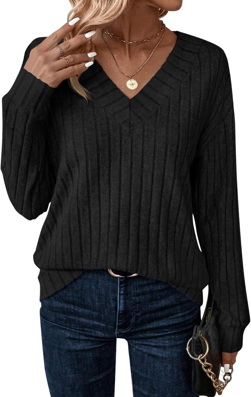 JUSTFASHIONNOW Long Sleeve V Neck Shirts for Women Fall Tops Lightweight Sweaters Dressy Casual Tunic Tops 2025 Outfits