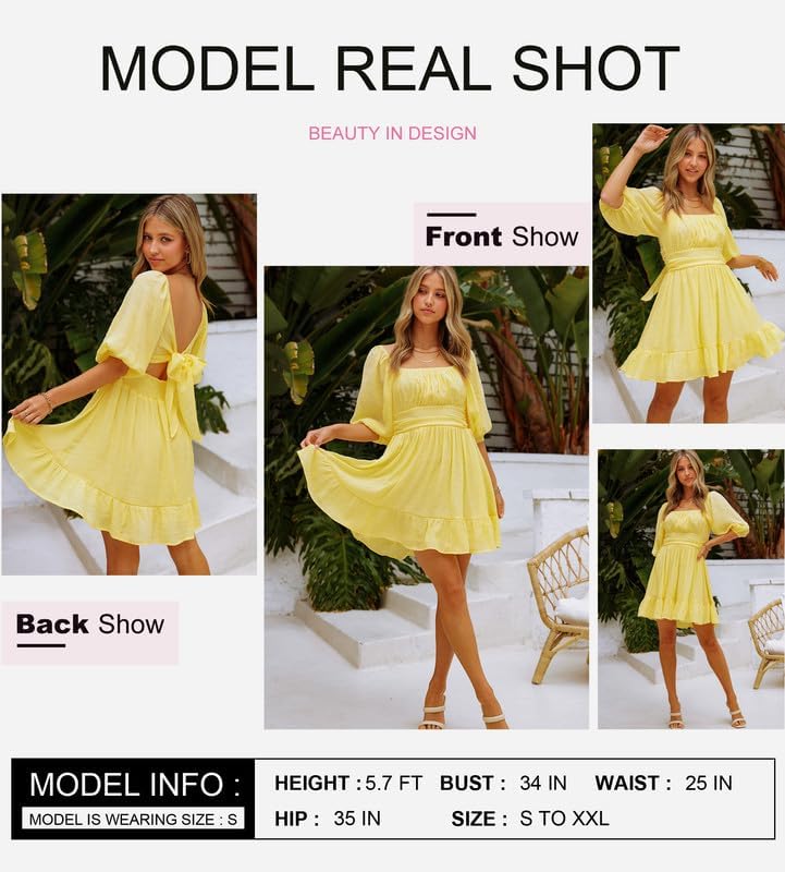 Dokotoo Womens Summer Dresses Square Neck Tie Back Lantern Sleeve Ruffle A-Line Casual Dress