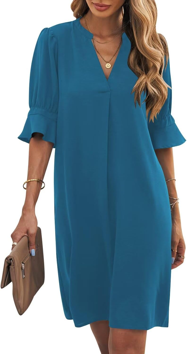 Wkior Shift Dress for Women V Neck Short Sleeves Solid Color Casual Flowy Summer Dresses(S-2XL)