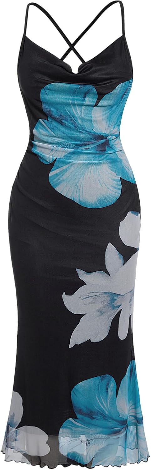 SOLY HUX Women's Floral Mesh Bodycon Cami Dress Cowl Neck Sleeveless Cocktail Party Wedding Guest Long Maxi Dresses