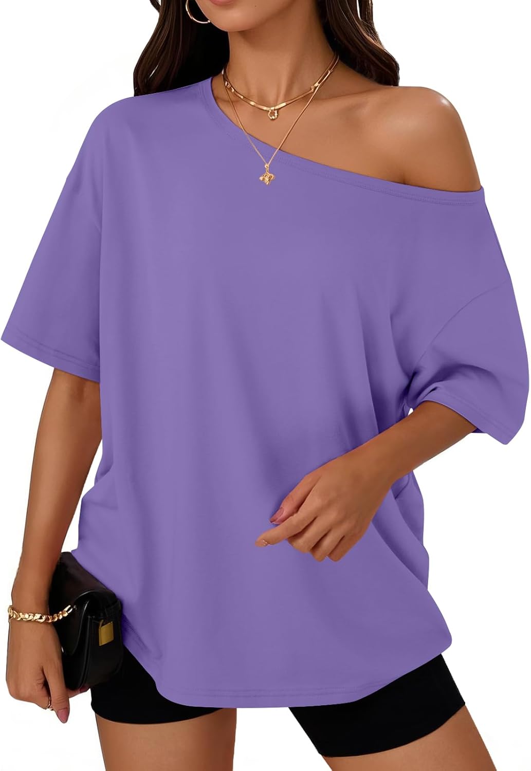 Trendy Queen Womens Off The Shoulder Tops Oversized T-Shirts Short Sleeve Tees Summer 2025 Casual Spring Fashion Clothes