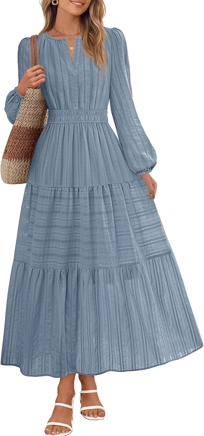 MEROKEETY Fall Dresses for Women 2025 Winter Long Sleeve Casual V Neck Tiered Cotton Midi Maxi Dress Pockets