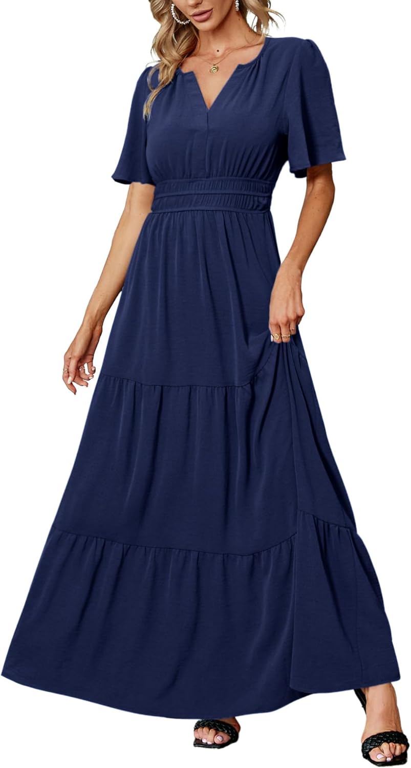 Amegoya Women's Velvet Short Sleeve V Neck Formal Wedding Guest Maxi Dresses Fall Evening Party Long Dresses